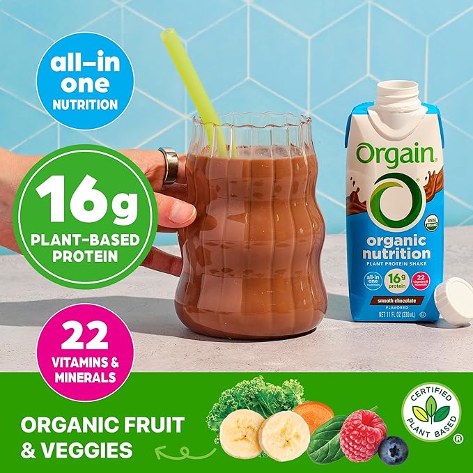 Orgain Organic Nutritional Vegan Protein Shake, Smooth Chocolate - 16g Plant Based Protein, Meal Replacement, 22 Vitamins & Minerals, Fruits & Vegetables, Gluten Free, Non-GMO, 11 Fl Oz (Pack of 4)