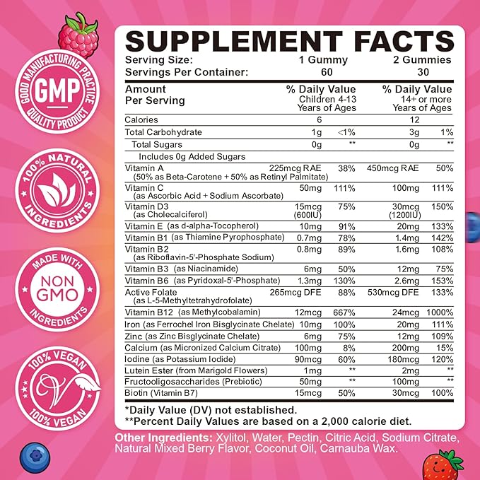 Iron Gummies for Kids & Teens, Kids Multivitamin with Iron Supplement, Calcium, Folate, Zinc, Prebiotic - for Blood Builder & Energy Support, Iron Deficiency - Vegan & Non-GMO - 60 Count Mixberry