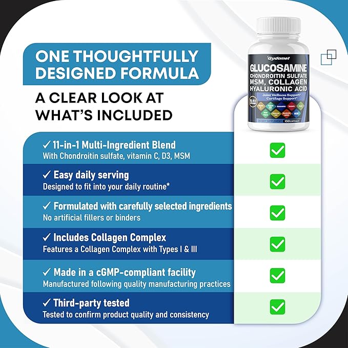 Glucosamine Chondroitin sulfate Methylsulfonylmethane Hyaluronic Acid Turmeric Ginger Vitamin C, D3, Black Pepper -150 Capsules