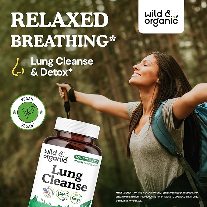 Wild & Organic Lung Cleanse Capsules - Lung Support Supplement with Mullein Leaf, Stinging Nettle, Angelica & Korean Panax Ginseng Powder - Vegan, No Fillers, Non-GMO - 120 Count