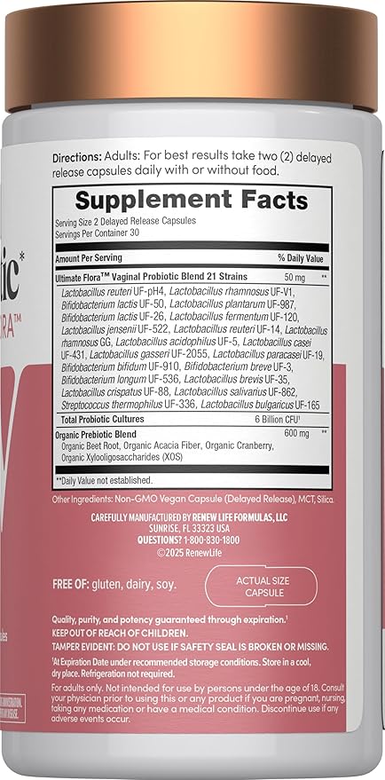 Renew Life Ultimate Flora Vaginal Probiotics for Women | 6 Billion CFU | 60 Delayed Release Vegan Capsules | Vaginal Health and pH Balance | Dairy, Soy and Gluten Free Supplement