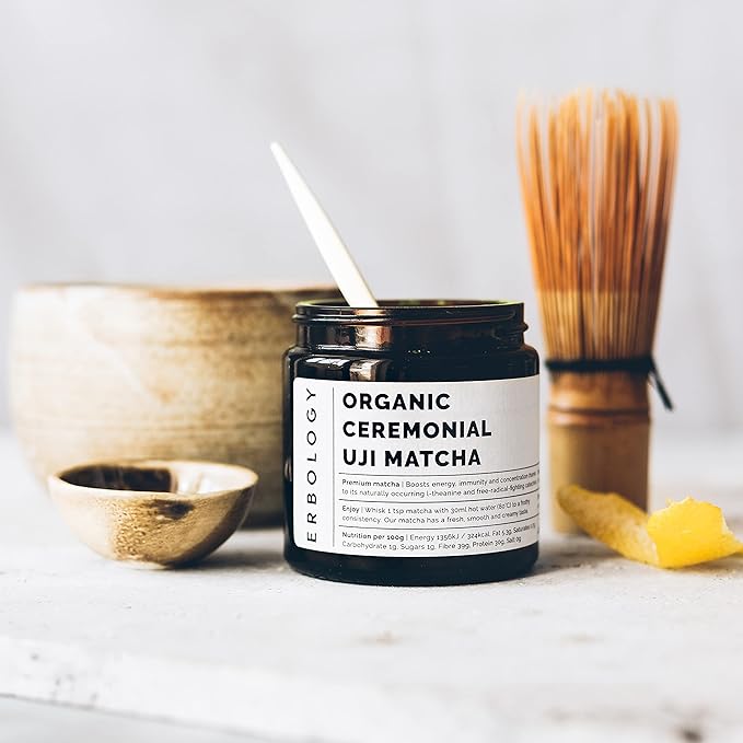 Erbology 100% Organic Ceremonial Grade Matcha 1.4 oz - Tencha Stone-Ground - Straight from Farm in Kyoto, Japan - Energizing and Stress-Reducing - Non-GMO - Recyclable Glass Jar