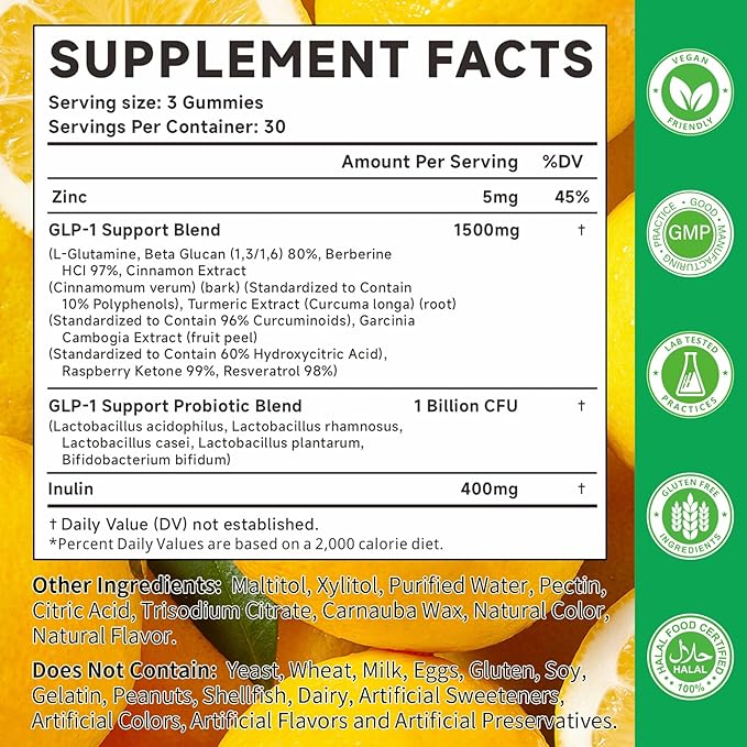 GLP-1 Support Probiotic Blend Gummies 90 Count, with Berberine, Cinnamon, Zinc, Inulin, 1 Billion CFU, 5 Probiotic Strains-1500mg Glp1 Support Blend Supplements, Gut Health, Digestive Wellness, Lemon