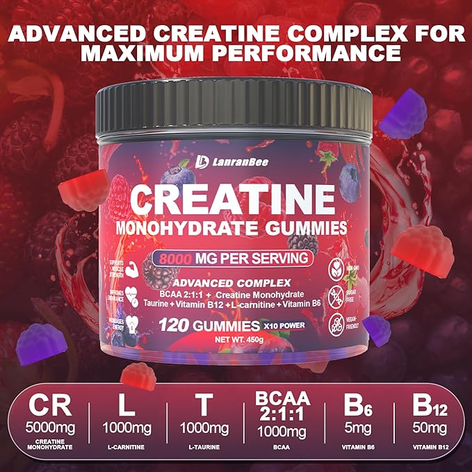 Creatine Monohydrate Gummies for Men & Women with L-Carnitine & Taurine, Sugar Free Chewable Creatine Pre-Workout Supplement for Muscle Strength, Muscle Builder, Energy Boost (Raspberry Flavor)