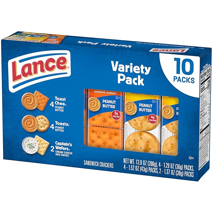 Lance Sandwich Crackers, Variety Pack, 3 Flavors, 10 Individually Wrapped Packs, 6 Sandwiches Each