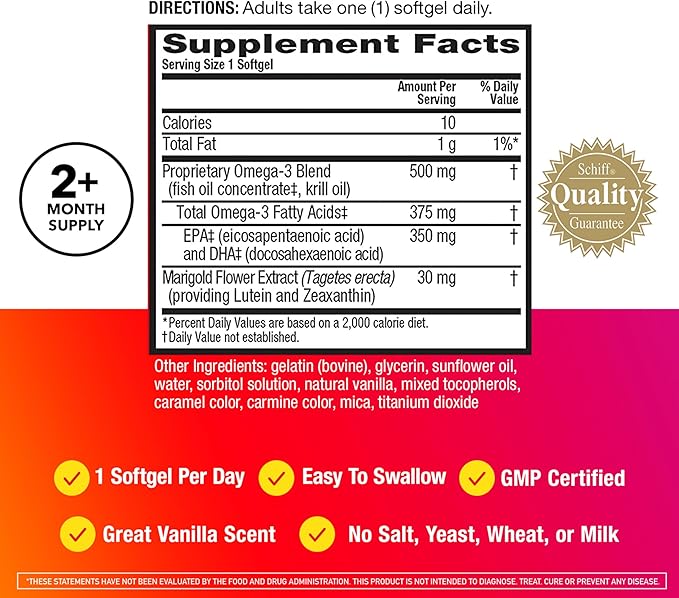 MegaRed Omega-3 Blend Total Body + Refresh 500mg Softgels, (65 Count in a Bottle), Easily Absorbed Krill Oil, to Support Your Heart, Joints, Brain & Eyes