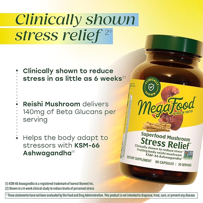 MegaFood Superfood Mushroom Stress Relief - Reishi Mushroom Supplement Clinically Studied to Reduce Stress - Doctor Formulated with Ashwagandha KSM 66 - Vegan, Gluten-Free - 60 Capsules, 30 Servings