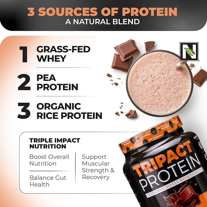 Nutrology TRIPACT Protein Powder - 7-in-1 Meal Replacement Shake with Grass Fed Whey Protein Powder, Pea, Rice, & Greens - Boost Muscle Recovery & Immunity, Creamy Chocolate Flavor, 40 Servings