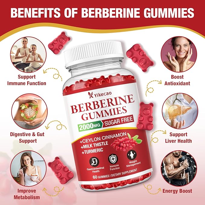 2000mg Berberine Gummies with Ceylon Cinnamon, Organic Berberine HCL Supplement for Women & Men, Sugar Free, Vegan, Non-GMO, Gluten-Free, Raspberry Flavor-60 Count