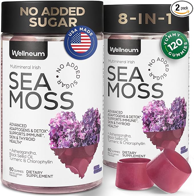 Multimineral Sea Moss Gummies 3000 Mg with Probiotic, Bladderwrack, Black Seed Oil, Ashwagandha, Burdock Root (2 Pack) - Irish Seamoss for Immunity, Thyroid and Gut Health - Vegan, Sugar Free