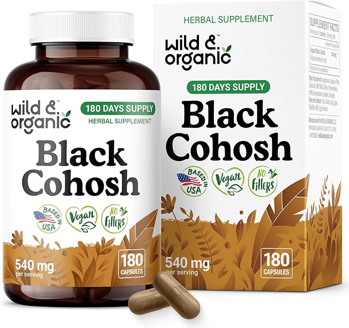 Wild & Organic Black Cohosh Capsules 540 mg - Menopause Supplements for Women - Black Cohosh for Women - Actaea Racemosa Herb - 180 Days of Supply - Vegan, No Fillers, Non-GMO - 180 Count