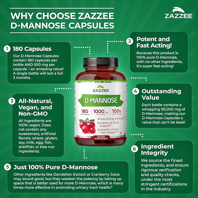 Zazzee D-Mannose, 1000 mg per Serving, 180 Vegan Capsules, 3 Month Supply, Potent & Fast-Acting, Certified Kosher, 100% Pure, All-Natural Urinary Tract Health Support, 100% Vegetarian, Non-GMO