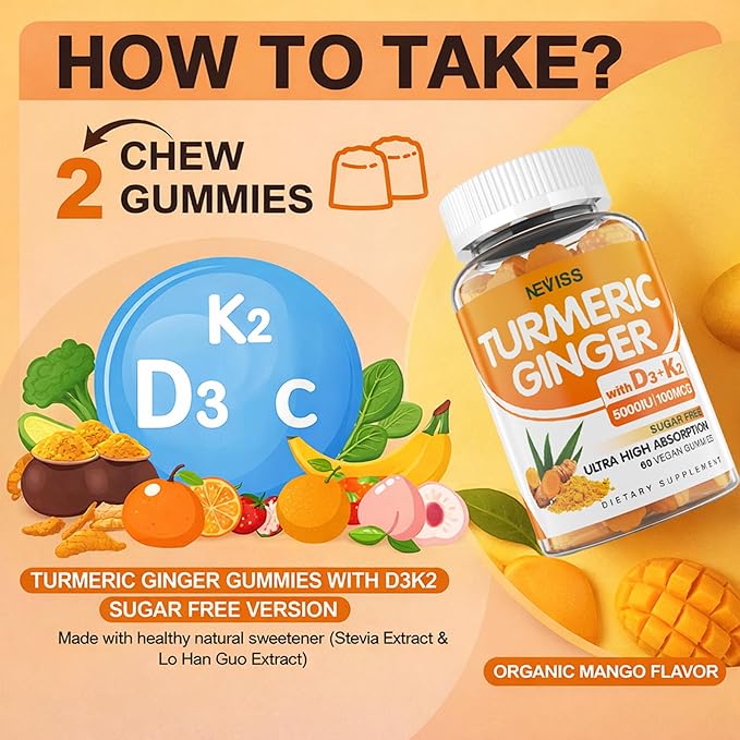 Turmeric and Ginger Gummies Supplement 1500mg w/Vitamin D3 5000 IU, K2 (MK7) & Black Pepper, Sugar Free Vegan Ginger and Turmeric Curcumin Supplements Gummy for Bone, Immune & Digestive Health, 120ct