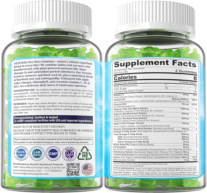 2 Pack Sea Moss Gummies for Men Women, Vegan 15-IN-1 Irish Seamoss Superfood with/Bladderwrack & Burdock Root, Turmeric, Elderberry, Vitamins B12 D3, EPA DHA, Sugar-Free, Support Energy, Brain, Immune