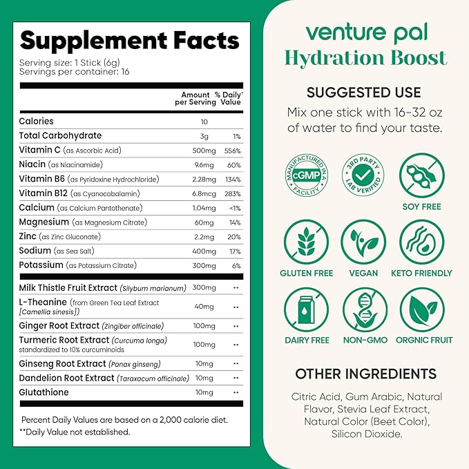 Venture Pal Hydration Packets + Liver Support- Liquid Daily IV Electrolyte Powder Packets with 7 Electrolytes & 5 Vitamins, Milk Thistle + L-Theanine | Sugar-Free | Keto Friendly | Vegan, 16 Sticks