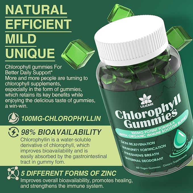 Chlorophyll Gummies - Super Green with Wheat Grass, Sea Moss, Unfiltered ACV & Elderberry, Echinacea, Zinc Complex & Vitamin D3, C, E, B12 for Natural Deodorant, Immune & Digestion Support, 60 Chews