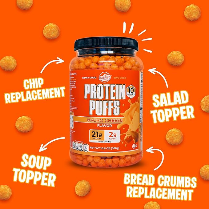 Twin Peaks Protein Puffs - (Nacho Cheese), Keto Friendly, Low Carb Snack (300g, 21g Protein, 2g Net Carbs, High Protein, Healthy Crunchy Snack).