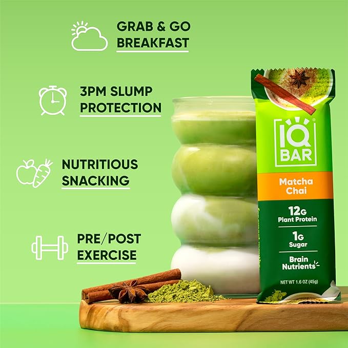 IQBAR Clean Plant Protein Bars - Matcha Chai - 36 Count - Keto, Vegan, High Fiber, Gluten and Dairy Free, Low Sugar Snack - Brain and Body Nutrients for Focus, Energy, Meal Replacement
