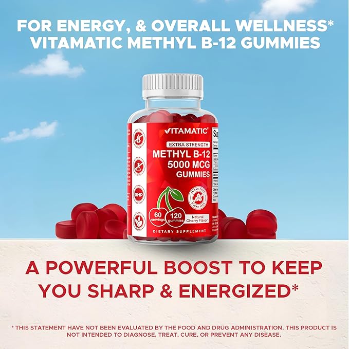 Vitamatic Extra Strength Vitamin B12 5000 mcg (Methyl B12) Gummies - 120 Count - Energy Metabolism Support and Nervous System Health Support, Natural Cherry Flavored (1)