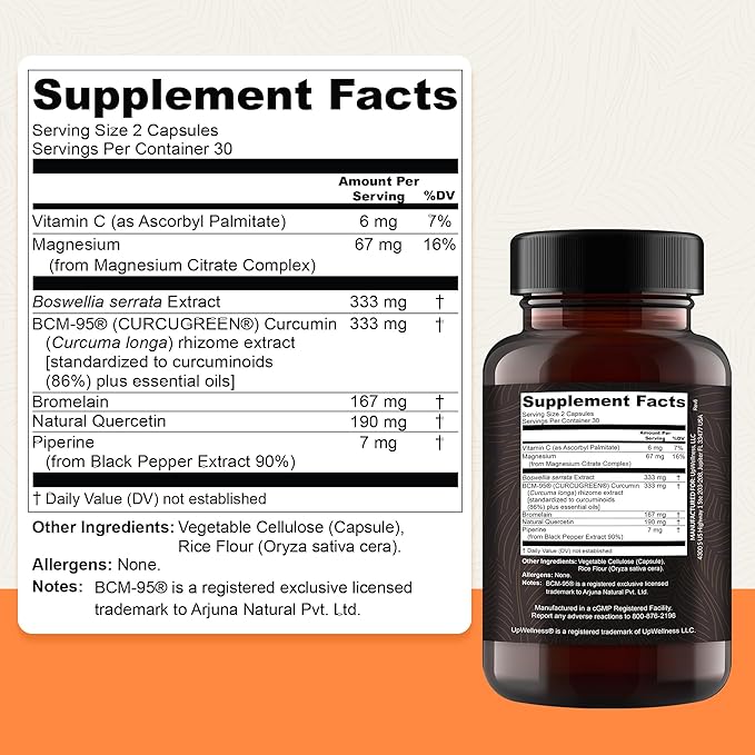 UpWellness Golden Revive + Joint Support Supplement Featuring Turmeric with Black Pepper, Quercetin, and Magnesium- Turmeric Boswellia Supplement - 6 Active Ingredients for Joint Care - 60 Capsules