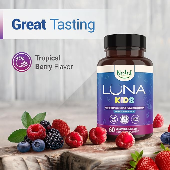 Nested Naturals Luna Kids Sugar-Free Sleep Aid Tablets for Children 4+ - Naturally Sourced Ingredients - Herbal Sleep Supplement with Chamomile, Melatonin, Valerian & Lemon Balm - 60 Chewable Tablets