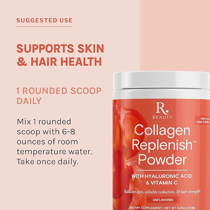 Reserveage Beauty Collagen Replenish Powder - No-Taste Collagen for Radiant Skin & Hair Growth - Mixes Easily in Liquid or Smoothie - 8.25 oz