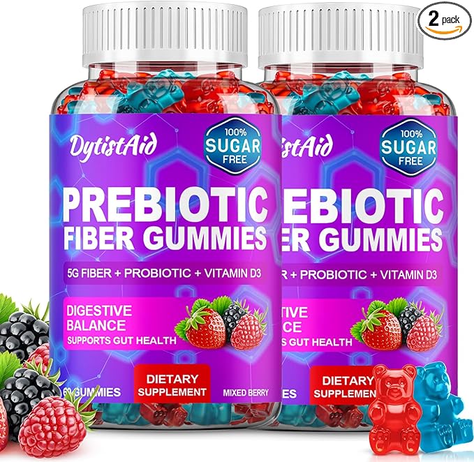 Prebiotic Fiber Gummies, 5g Fiber per Serving, 2 Billion CFU Bacillus Coagulans + Vitamin D3, Sugar Free Pectin Mixed Berry Gummies, Inulin (FOS) + Acacia + Apple Pectin, 120 Gummies (60 Servings)