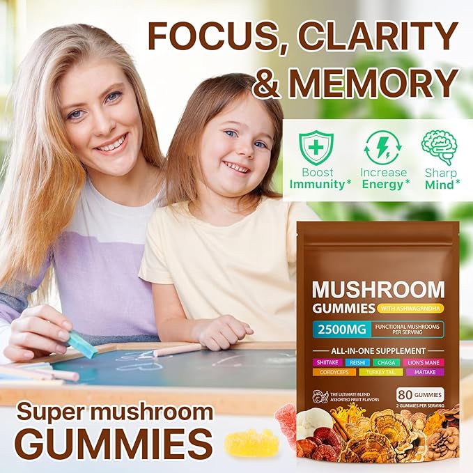 Mushroom Gummies for Adults,10x Mushroom Supplement,Energy, Focus, Mood & Cognitive Support,Vegan, Immune, Brain Support & Chill Mushroom Complex Gummy,80 Gummies