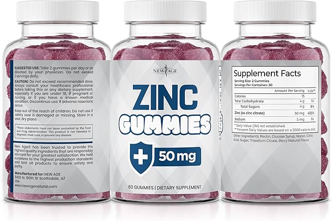 NEW AGE Zinc Gummies - 50mg Zinc Supplement, Immune Supplement, Antioxidant, Non-GMO (180 Count (Pack of 3))