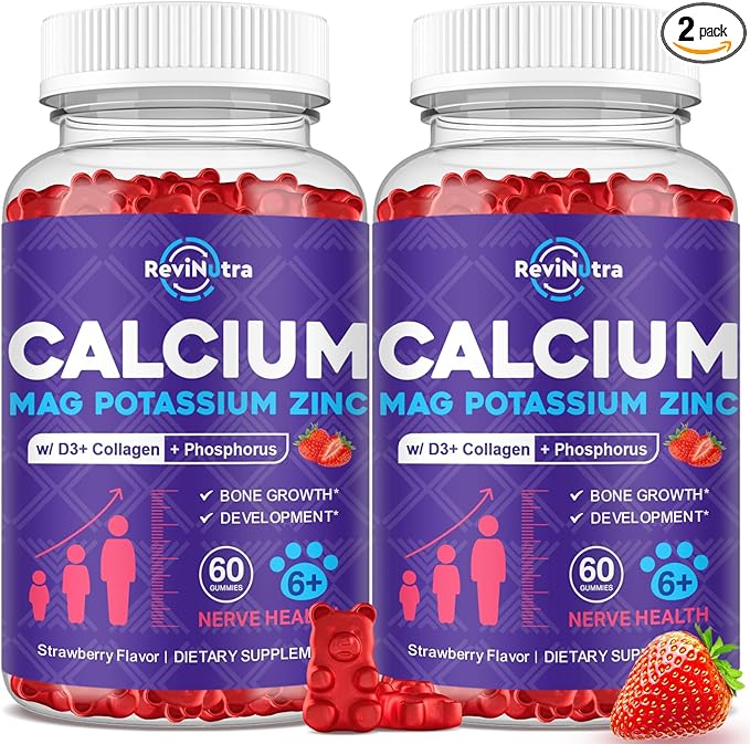 Calcium Potassium Magnesium Gummies for Kids & Adults, with Hydrolyzed Collagen, Zinc, Phosphorus, Multivitamin for Sleep, Bone Strength, Density Support, Sugar Free, Strawberry Flavor,120ct