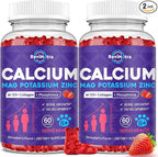Calcium Potassium Magnesium Gummies for Kids & Adults, with Hydrolyzed Collagen, Zinc, Phosphorus, Multivitamin for Sleep, Bone Strength, Density Support, Sugar Free, Strawberry Flavor,120ct