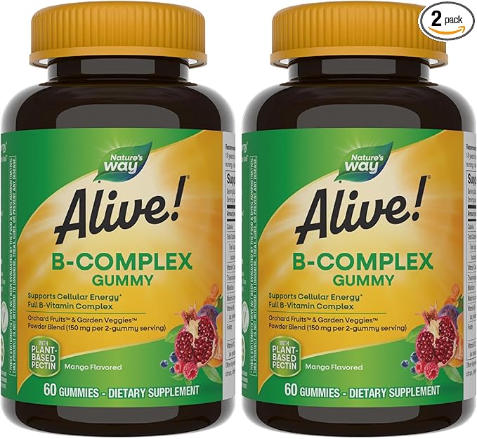 Nature's Way Alive! Vitamin B Complex Gummies,Cellular Energy Support*,8 B-Vitamins,Vegetarian,Mango Flavored,(Packaging May Vary),60 Count (Pack of 2)