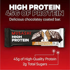 MUSASHI High Protein Bar, 45g Protein, <1g Total Sugars, Dark Chocolate & Salted Caramel, Post Workout and Protein Snack On The Go, 12 Pack of 3.2oz (90g) Bars