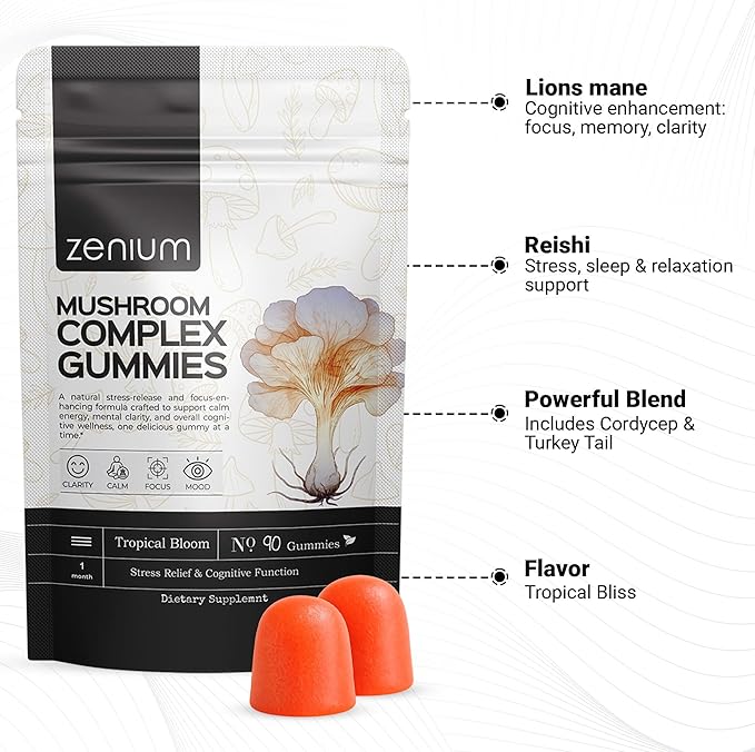 Zenium - Mushroom Complex 90 Gummies of 5000mgs of Lions Mane, 1000mgs of Reishi, Cordeyceps & More | Relieve, Tension, Worry & Irritability | Calm Mind & Body | Ayurvedic | Natural Relief Supplement