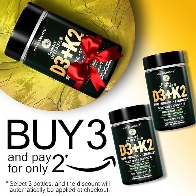 KEY ELEMENTS D3 K2 Vitamin 10,000 IU with Magnesium Glycinate 350mg, Zinc and Moringa - Bone & Immune Support - Vitamin D with K2 MK-7 200mcg - Non-GMO, Gluten-Free Softgels