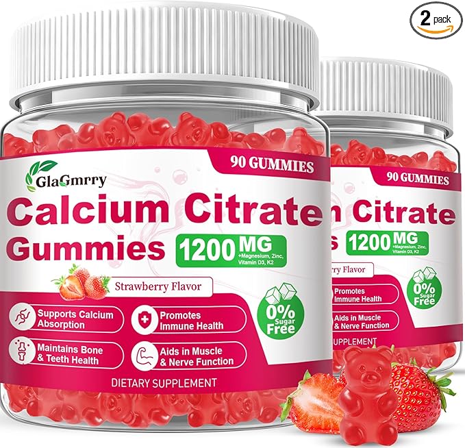 180 Count Calcium Citrate Gummies - Calcium Gummies with Magnesium & 4 Essential Vitamins Support Bone, Muscle, Teeth, Immunity, Calcium Supplements for Women & Men, Strawberry Flavor