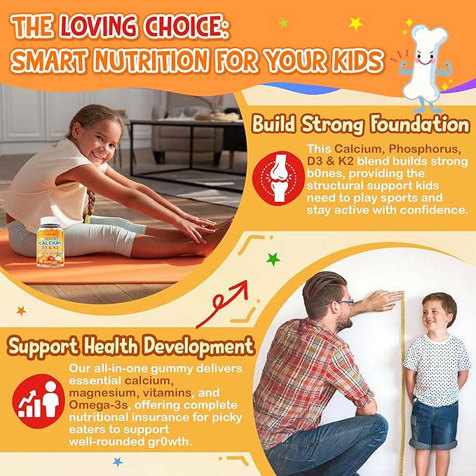 Kids Calcium Gummies with Vitamin D3 K2 - Calcium Citrate with Magnesium, Zinc, Omega-3 and Probiotics for Kids Bone Health, Digestive & Development Support - Sugar Free Gummies, Non-GMO, Vegan