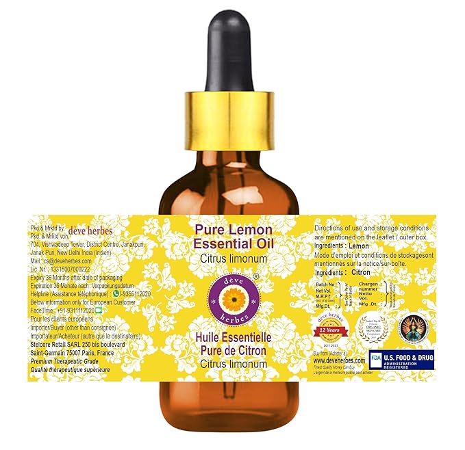 Deve Herbes Pure Lemon Essential Oil (Citrus limonum) with Glass Dropper Steam Distilled 50ml (1.69 oz)