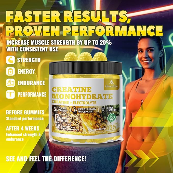 Creatine Monohydrate Gummies (5g) – Pre-Workout Energy & Muscle Growth Support for Men & Women | Pineapple Electrolyte Gummies (135 Count)