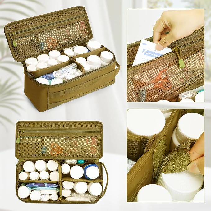 First Aid Bag Empty Pill Box Organizer,Tactical Medical Bag Case,Portable EDC Travel Medicine Pill Bottle Organizer (Brown)