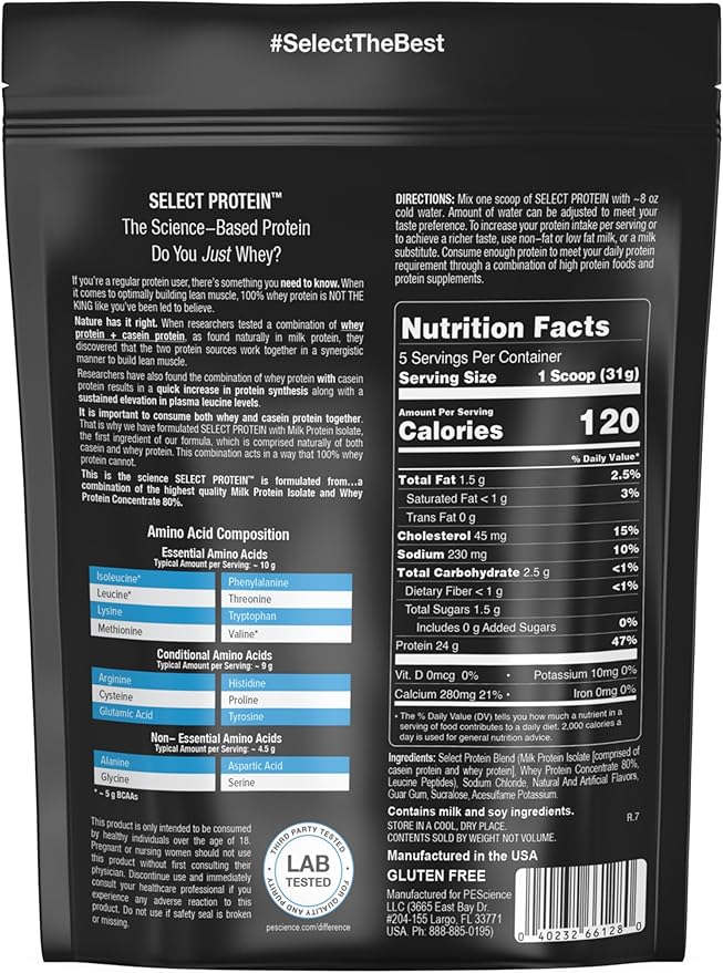 PEScience Select Protein Powder, Whey and Casein Blend, Lean Protein Powder for Women and Men, Low Calorie, Low Carb, Keto Friendly, Gluten Free, Gourmet Vanilla - 5 Servings