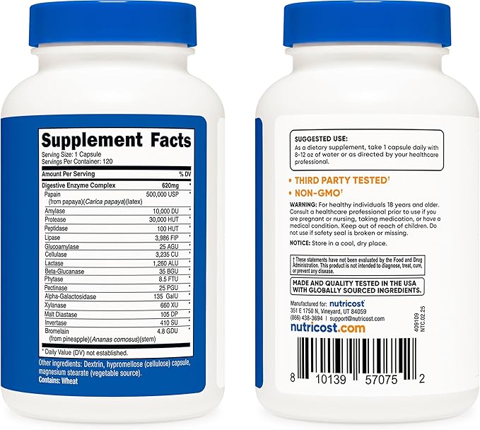 Nutricost Digestive Enzymes 620mg, 120 Capsules - Complete Digestive Enzyme Supplement