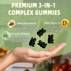 Oregano Oil Gummies, 3-in-1 Oil of Oregano with Black Seed Oil Gummies, Organic Oregano Chewable Supplements with Vitamin D3-60 Counts