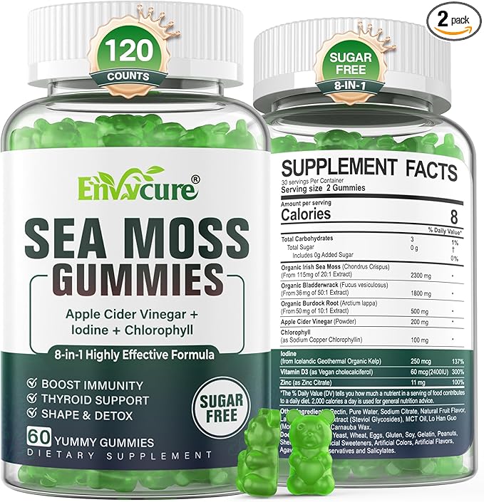 Sea Moss Gummies Sugar-Free, Extra Strength Irish Moss Gel Supplement with Iodine, Chlorophyll, Unfiltered ACV, D3, Burdock Root, Bladderwrack for Immune, Digestive, Skin, Hair, Det❤️x, Vegan, 2Pack
