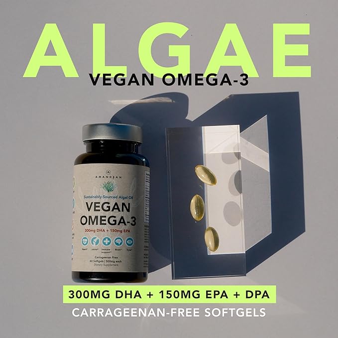 AMANDEAN Vegan Omega 3 Supplement. Premium Fish Oil Alternative. Algae DHA & EPA. Carrageenan Free Softgels. Algal Essential Fatty Acids. Plant Based Heart, Brain, Eye, Skin, Immune Support. (60ct)