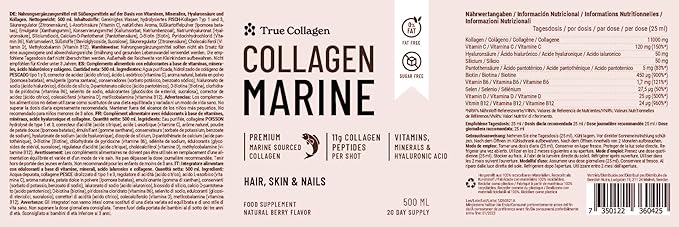 True Collagen Marine | 11,000 mg Hydrolyzed Collagen Liquid Supplement - 500 ml, 20 Day Supply | Hyaluronic Acid, Biotin and Vitamin C for Healthy Hair, Skin and Nails | Sugar-Free & Fat-Free