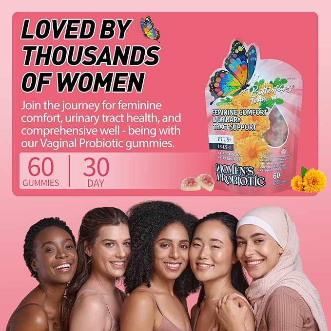 BUTTERFLY'S TEAR Women's Probiotic Gummies | 18-in-1 Feminine Comfort & Urinary Tract Support | 14 Probiotics + 4 Prebiotics | Peach Flavor | Intimate Moisture, pH Balance, Healthy Flora, 300 Chew