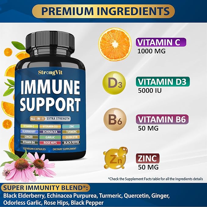 Immune Support Supplement 12 in 1 Complex with Vitamin C, D3, Zinc, Echinacea, Elderberry, Ginger, Turmeric. Immune Defend for Men & Women, Non-GMO, Gluten-Free, Vegan, USA (120 Capsules)