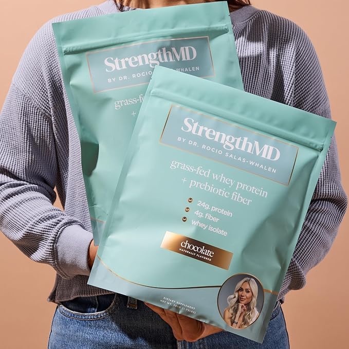 StrengthMD Physician Formulated Protein + Fiber Shake for GLP-1 Support | 24g Protein Grass-Fed Whey, 4g Fiber & Digestive Enzymes, Low Carb, No Added Sugar, Chocolate, 1.72 lb