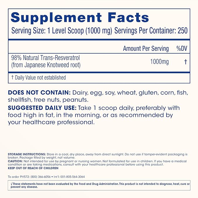 ProHealth Longevity Bulk Trans Resveratrol Powder 250 Grams - Pure Pharmaceutical Grade, 1000 mg per Scoop, Superior Absorption and Bioavailability